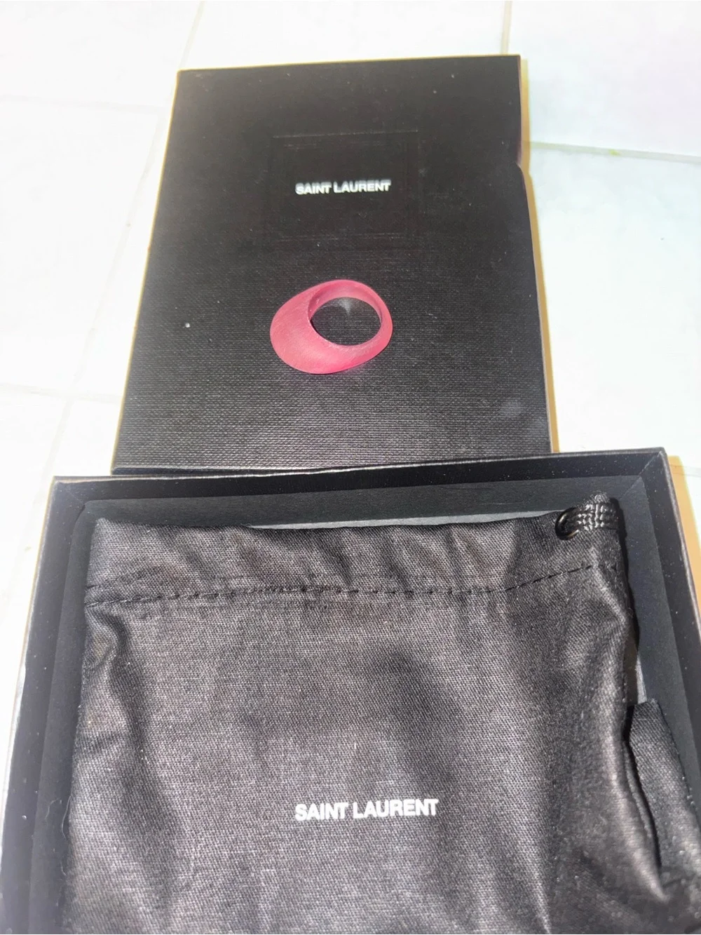 Saint Laurent Ladies Ice Effect Pink Fush Resin Ring Sz 7 new